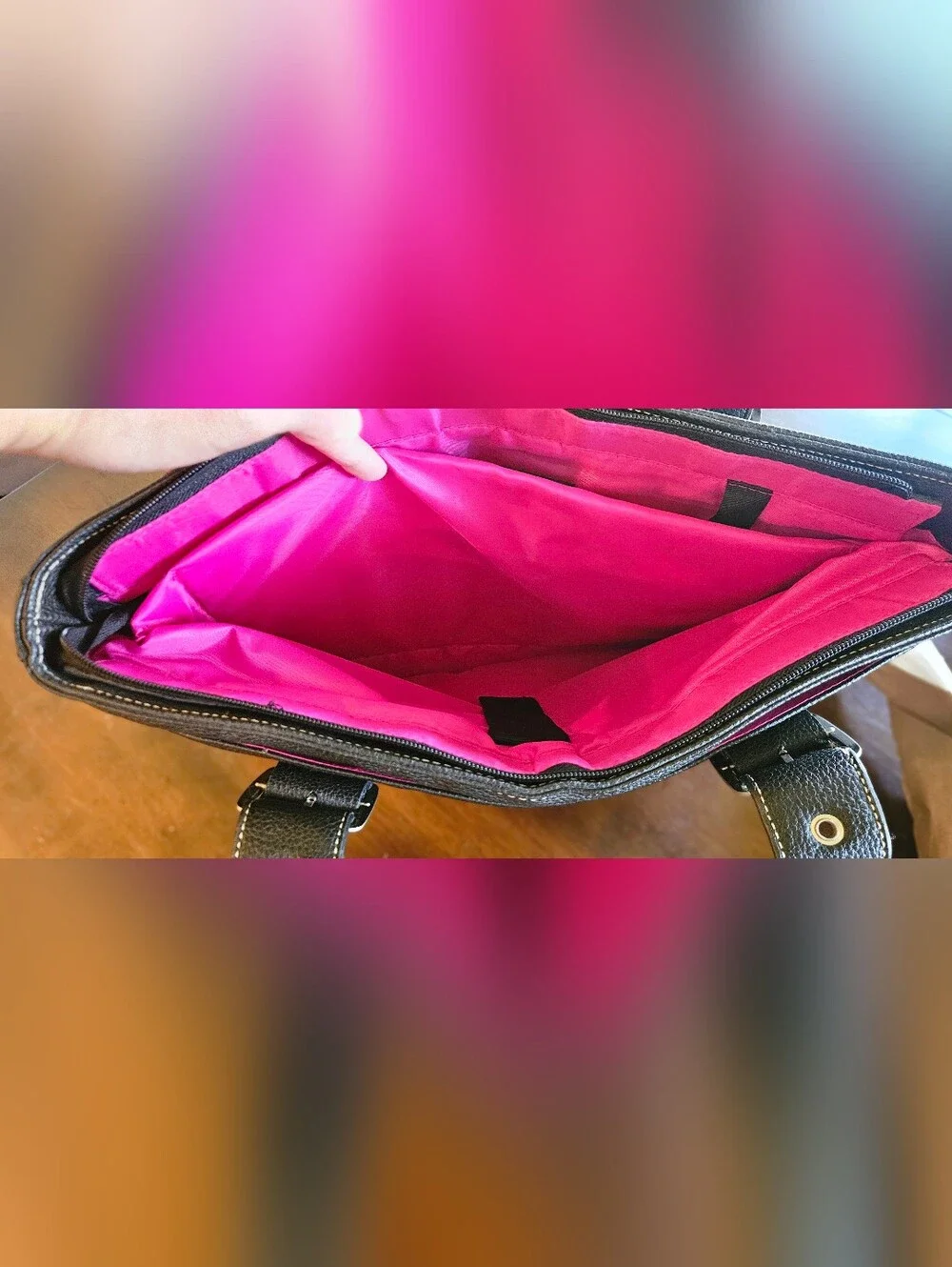 Solo Black Vinyl Womens Laptop Tote with Hot Pink Lining